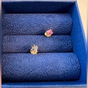 VARIANCE extra small asymmetrical ruby and sapphire studs.  14k yellow gold.